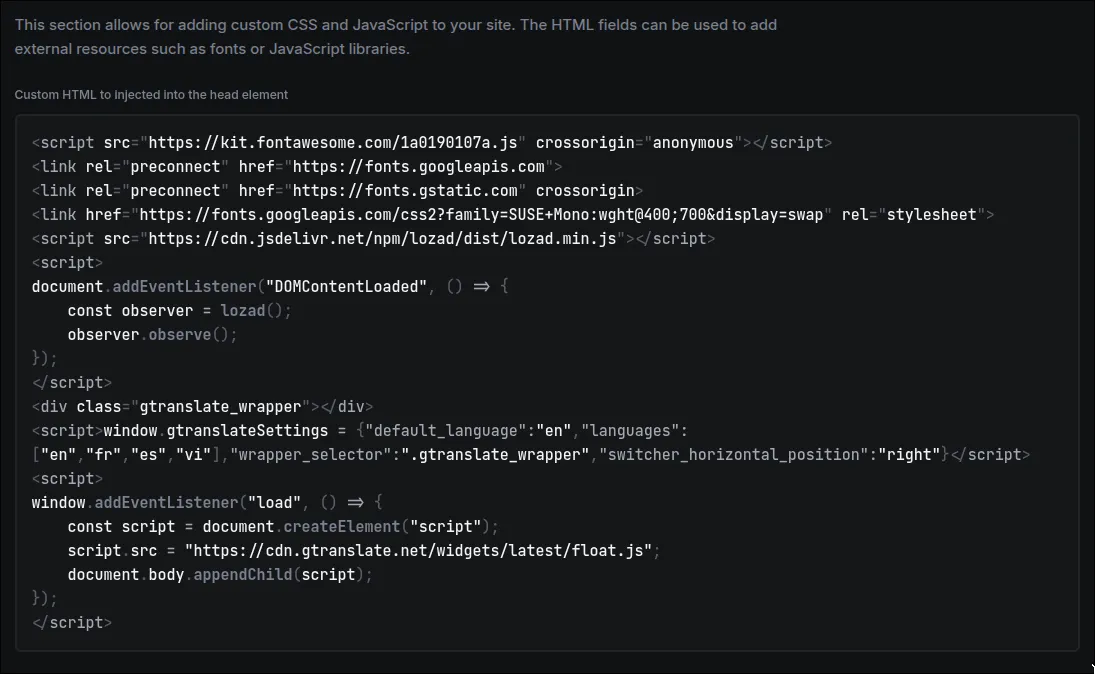 Custom HTML to be injected into the head element